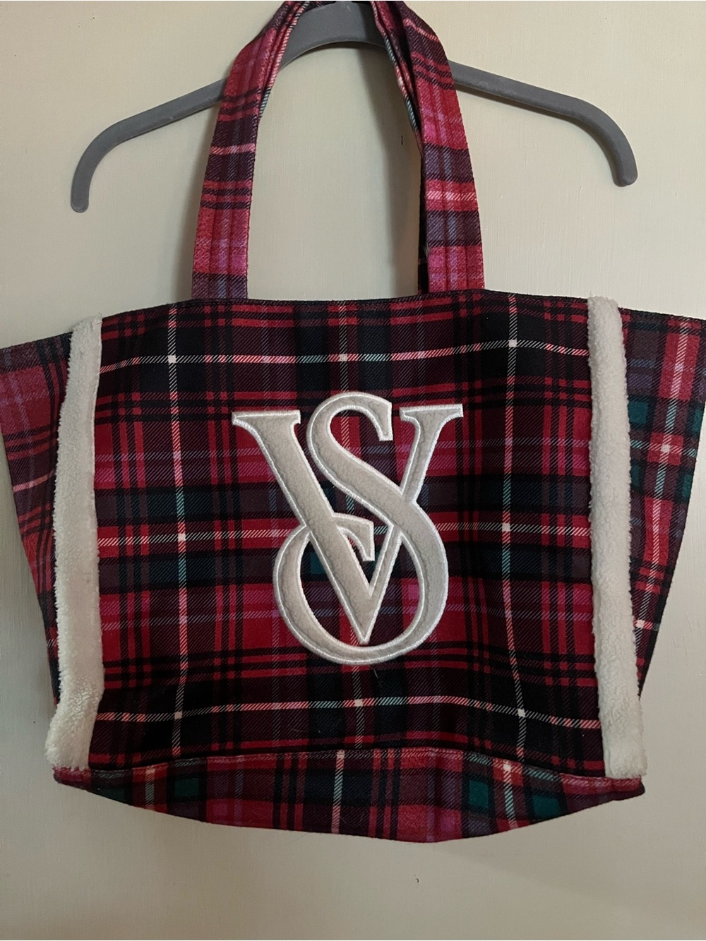Victoria's Secret Pink and Black Plaid Tote with Sherpa Trim